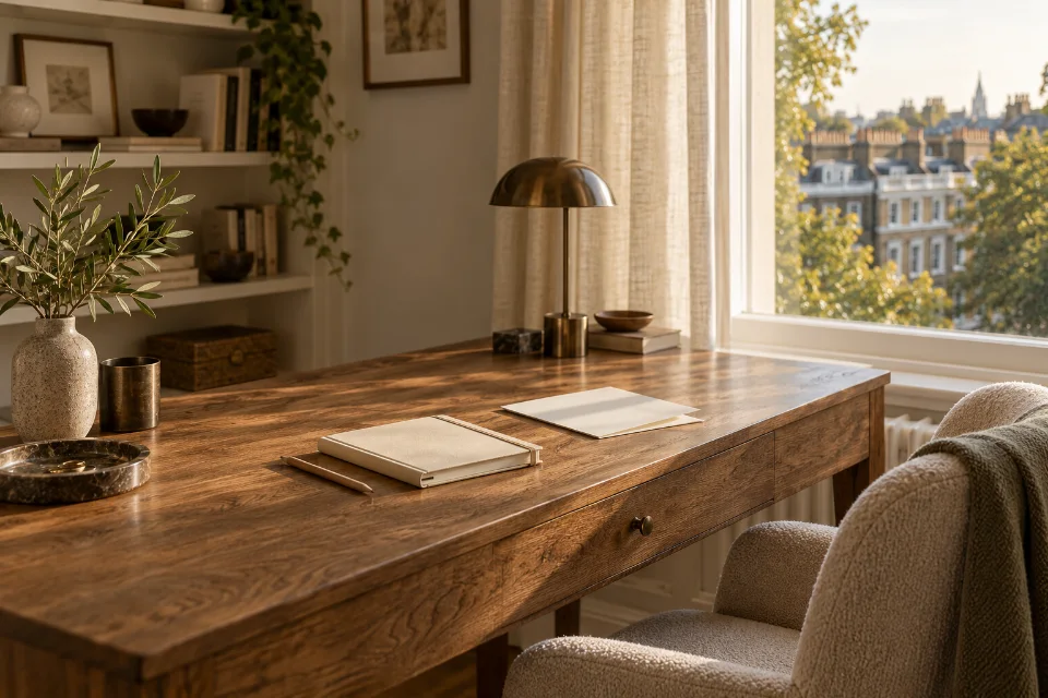 A notebook and pencil on a desk beside a window in an illustrative home study