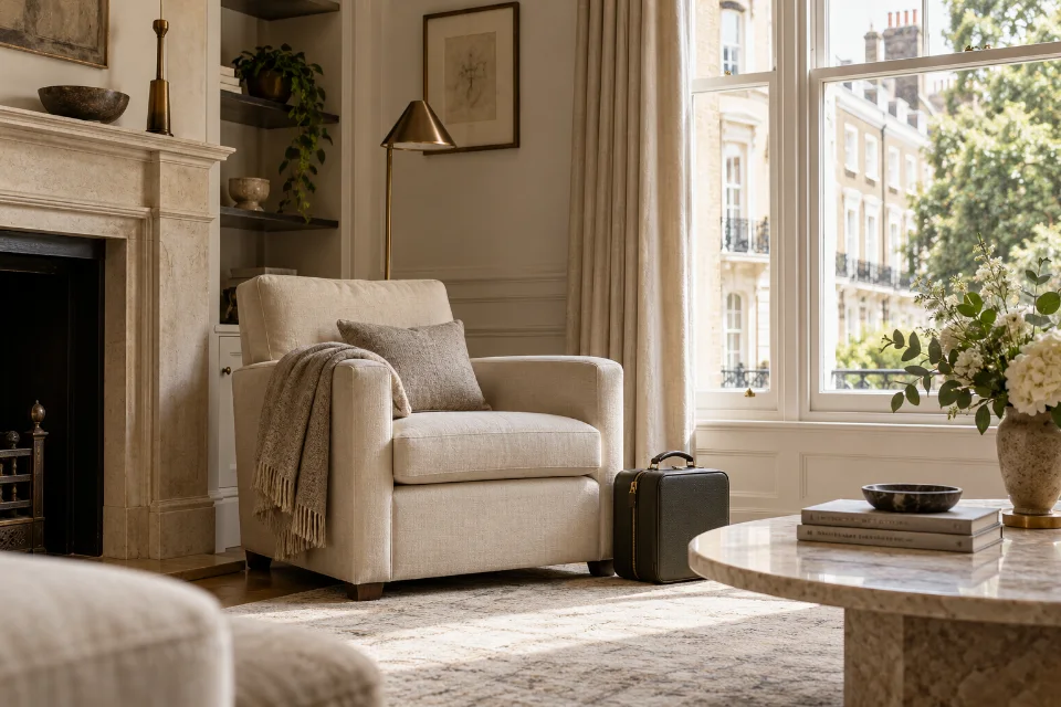 An armchair beside a window in an illustrative London hotel sitting room