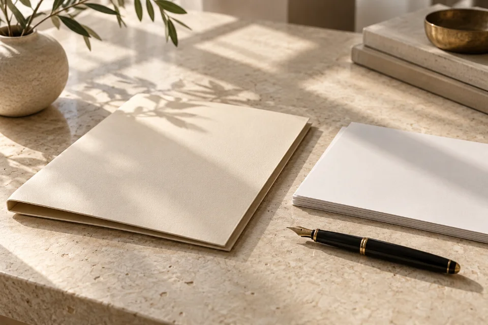A plain document folder and pen on a desk, an illustrative setting for reviewing results